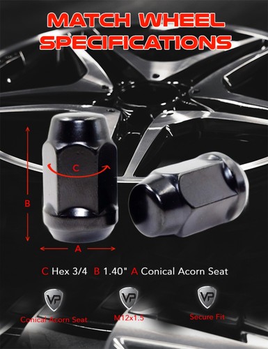 Set 20 12x1.5 Black Acorn Tuner Lug Nuts for Ford Fusion Focus Escape MKC MKZ - Picture 6 of 9