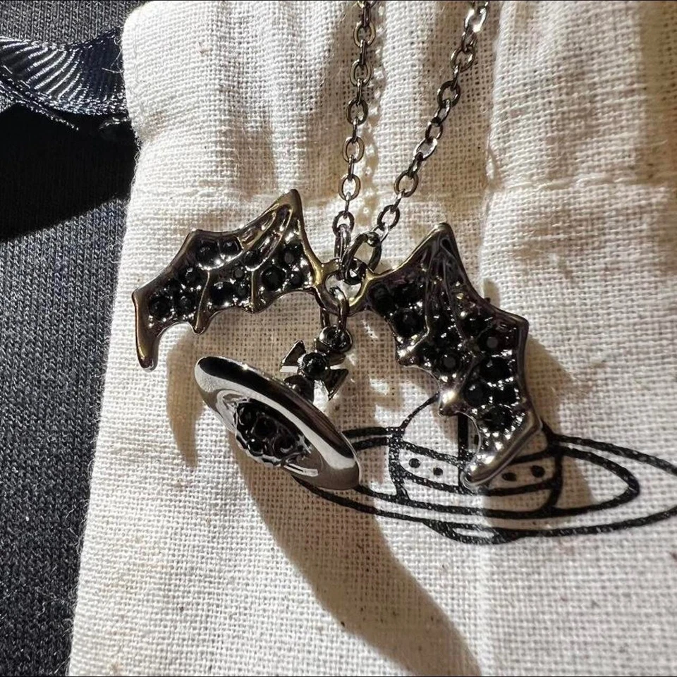 Authentic Vivienne Westwood Black Silver Bat 3D Orb Necklace Chain - Image 3 of 4