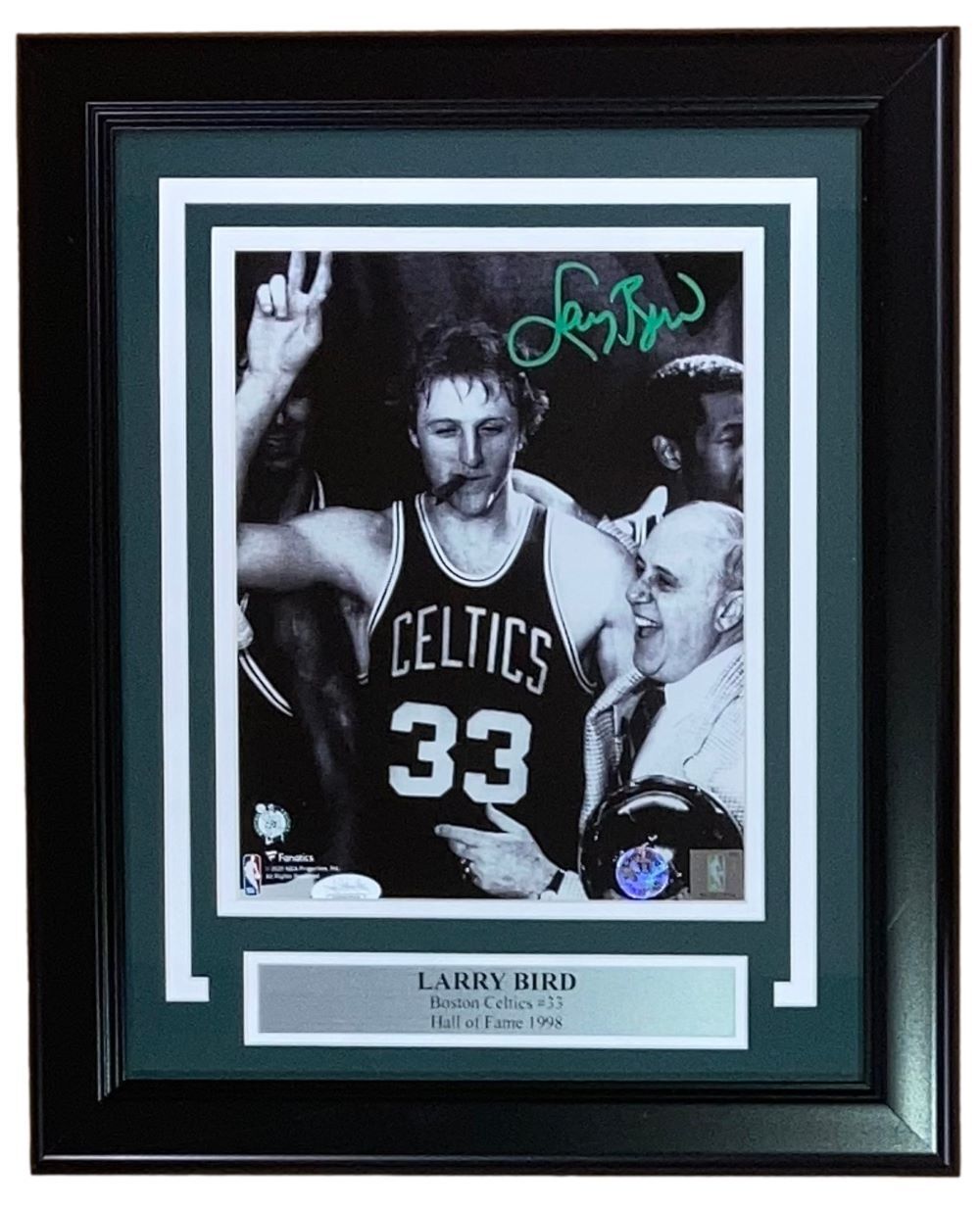 Foto firmada por Larry Bird enmarcada 8x10 de los Boston Celtics con pájaro rojo Auerbach + JSA ITP