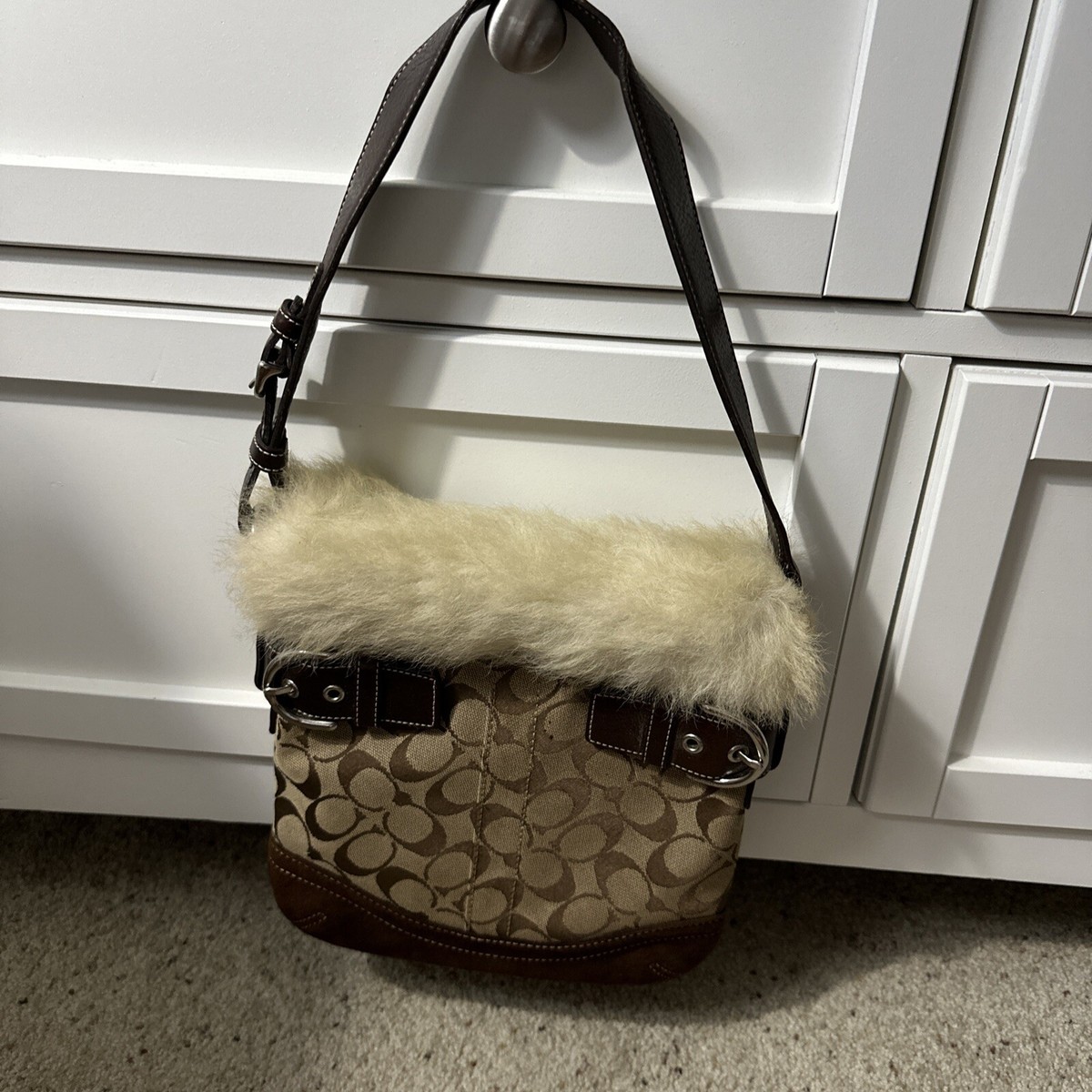 Coach signature C shearling handbag purse w suede Coach signature C shearling handbag purse w suede