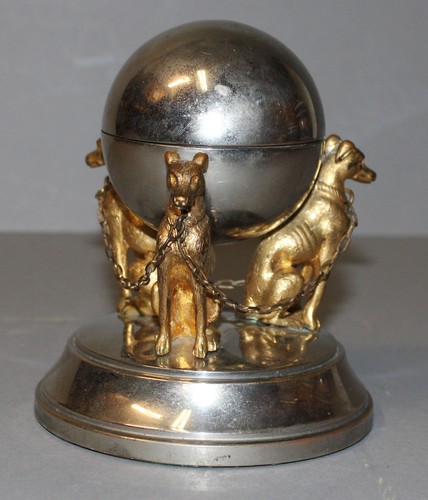 Antique Metal Covered Ink Well – 3 Whippet Sitting Dogs – with Insert - Picture 1 of 9