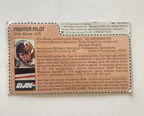 Vintage GI Joe Bio File Card Fighter Pilot Ace 1983 Command Arah Skystryker