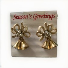 Christmas Jingle Bells Post Earrings Gold Tone Bow Bells