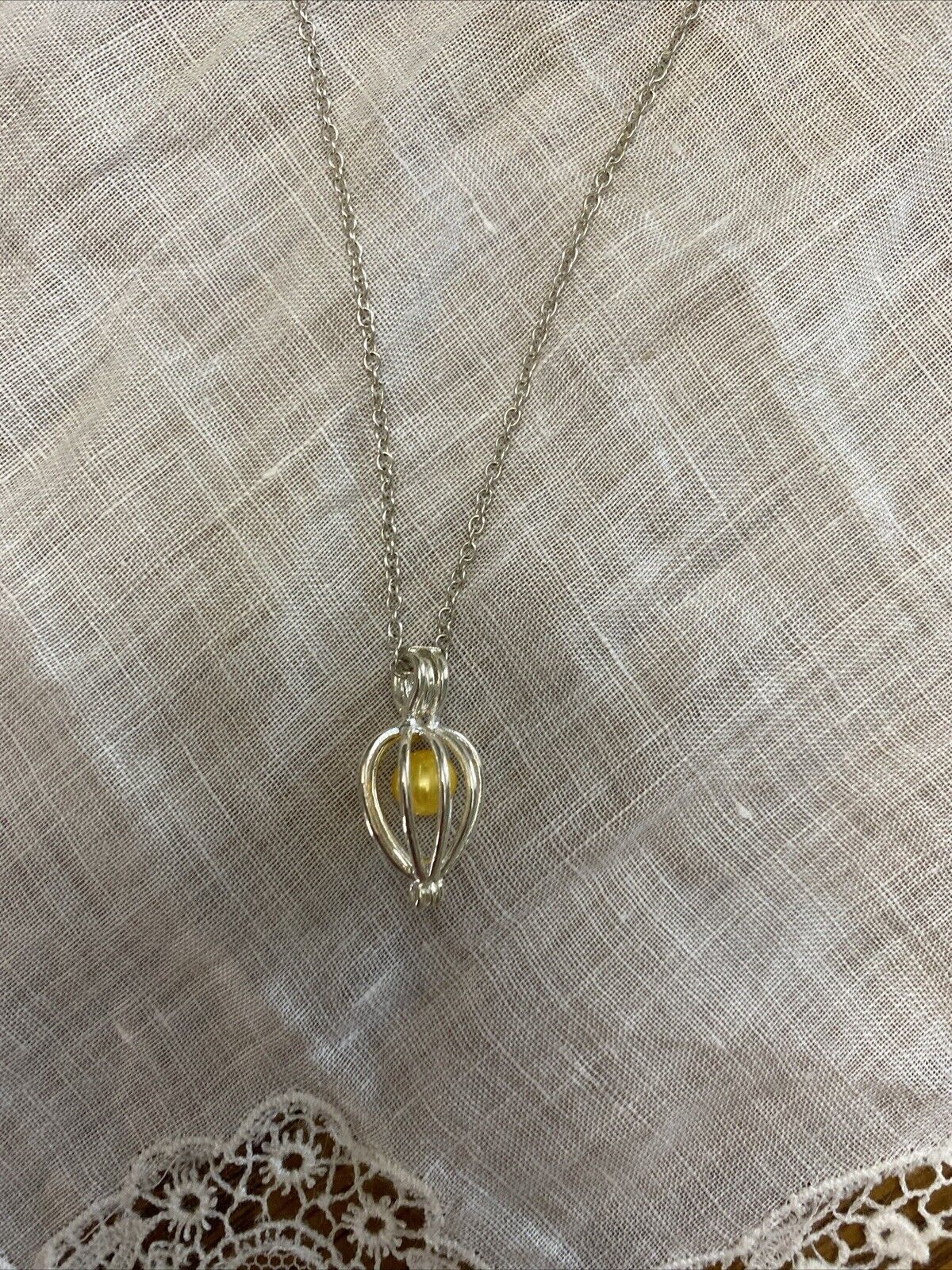 Vintage Yellow Pearl Caged Pendant Necklace Sterl… - image 1