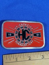 1991 Hy-Capacity Logo Belt Buckle Farm Advertising Humboldt Iowa Made In USA