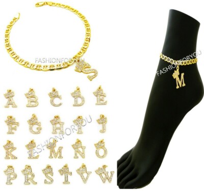 Womens Girls Stone Filled Initial Letter 10'' Flat Marina Chain Anklet AKM155