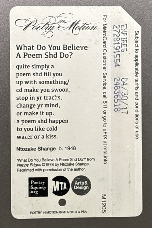 NTOZAKE SHANGE 'WHAT DO YOU BELIEVE A POEM SHOULD DO' POETRY IN MOTION METROCARD