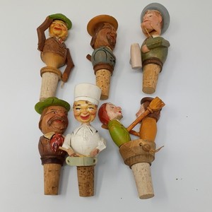 Set of 6 Antique/Vtg German Hand Crafted Mechanical Bottle Stoppers