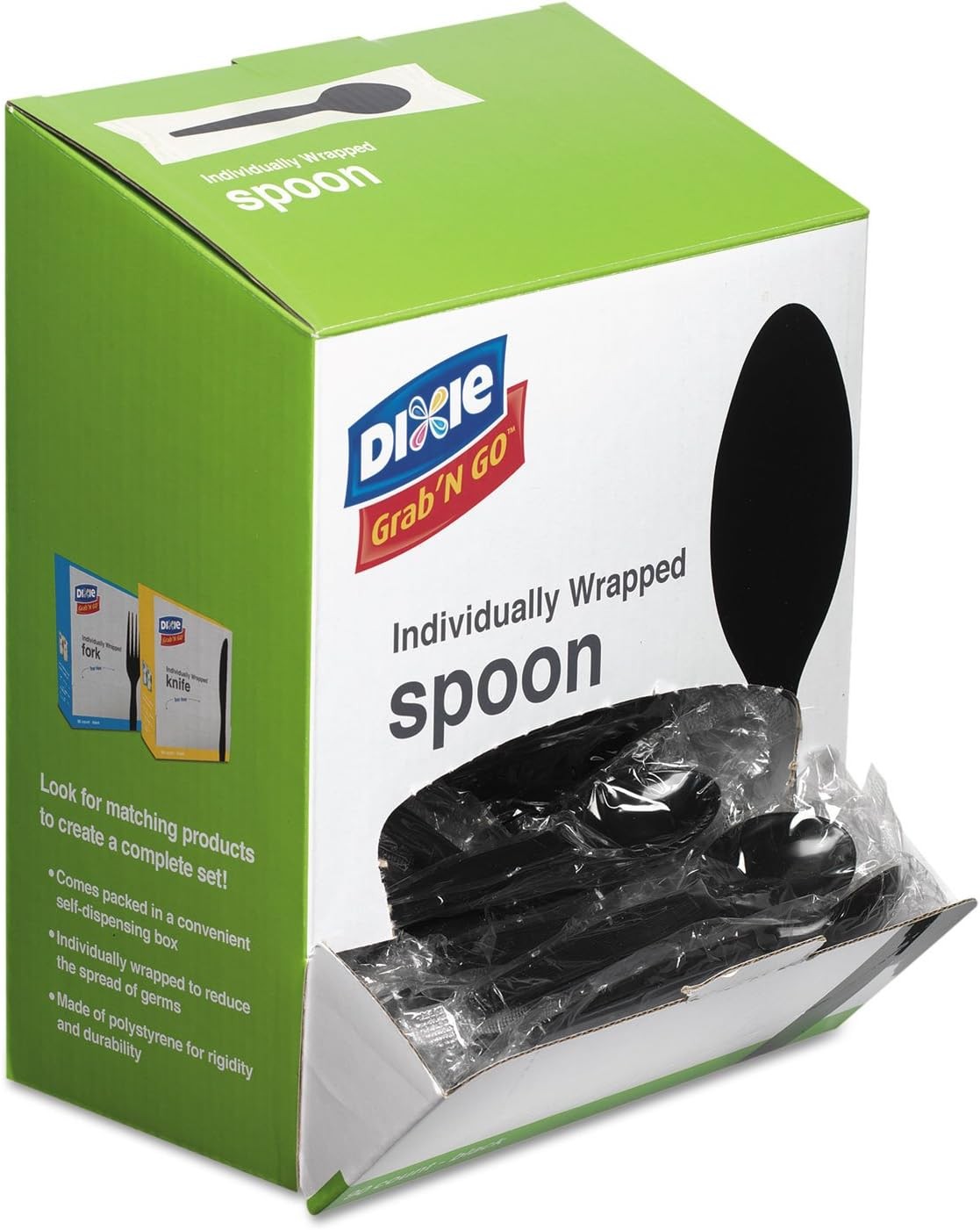 Grab'n Go Wrapped Cutlery, Teaspoons, Black, 90/Box, Medium