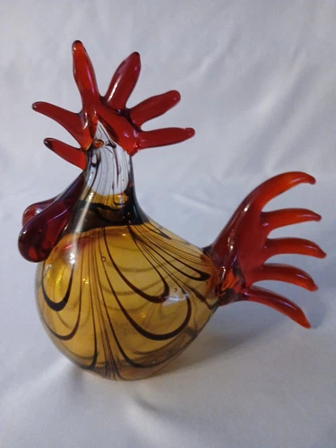 Murano Style Hand Blown Red Brown Rooster Farmhouse Chic Approx.  7" Air Bubbles