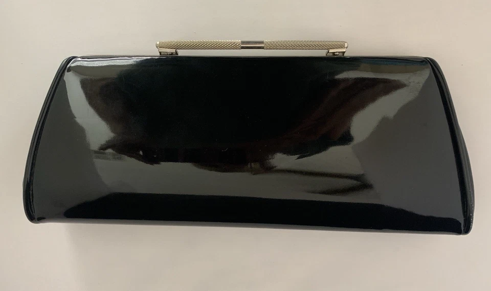 Vintage 60s Black Patent Long Clutch Handbag Pocketbook Silver Tone Bar Close - Image 3 of 4