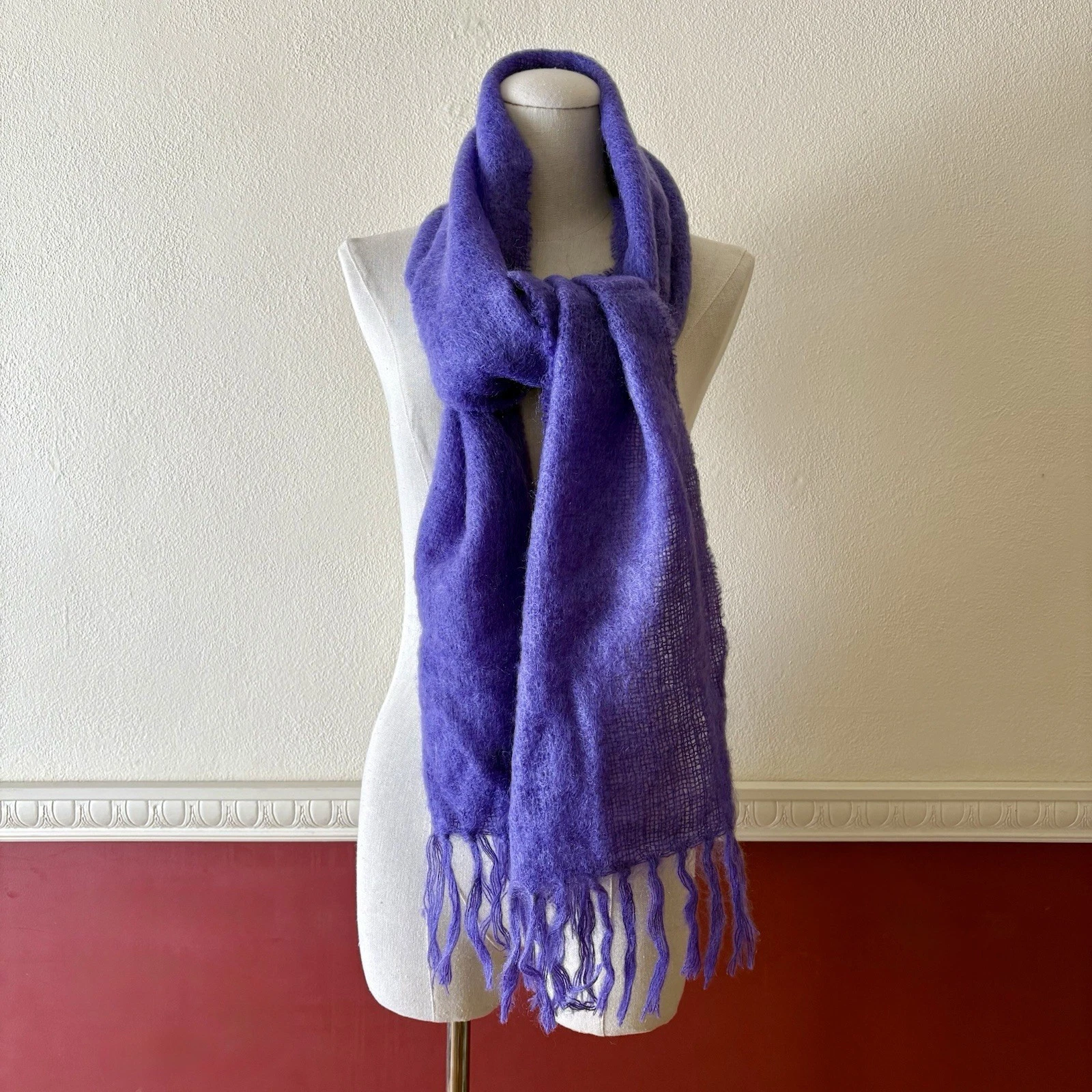 John Hanly Scarf Woven in Ireland Mohair Wool Purple Fringe Open Weave 72x12