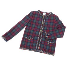 CHANEL Check Collarless Jacket Red Green Size 38 Ships from Japan