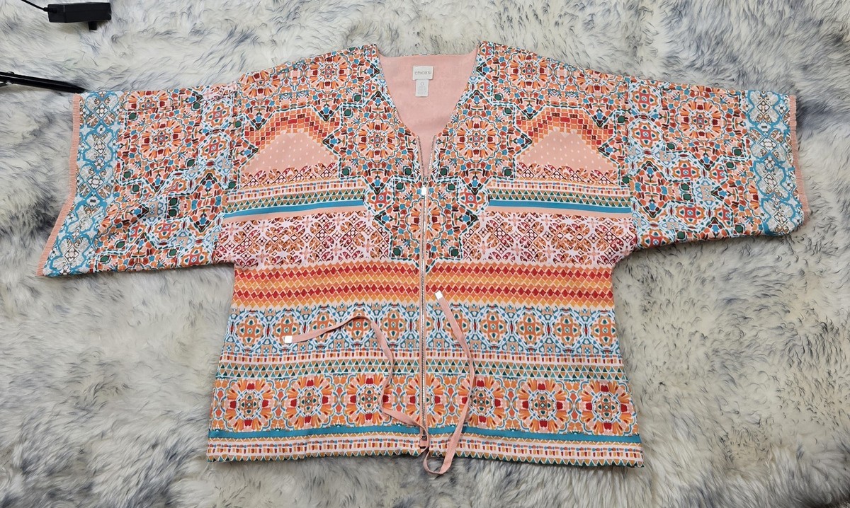 CHONO ジャケット NWOT CHICO'S FULL ZIPP KIMONO STYLE 3/4 SL JACKET MULTI MOSAIC