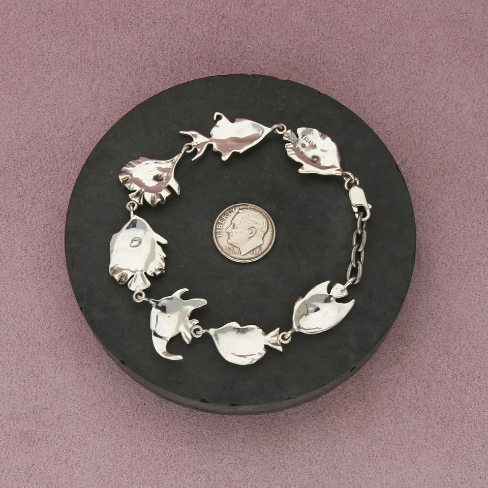 Pulsera Kabana plata esterlina vintage esmalte eslabones de pescado tamaño 7,5 pulgadas Foto 2 de 3