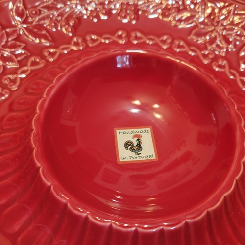 Bordallo Pinheiro Red Poinsettia Chip and Dip Platter with Label Portugal - Picture 2 of 5