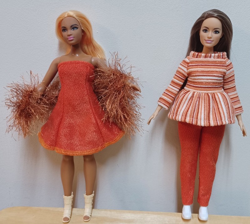 Curvy Barbie 11 1/2" Doll Clothing Burnt Orange Dress, Pants, Striped Top, Boa