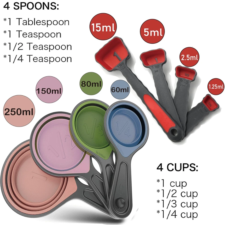 Набор из 8 силиконовых мерных чашек и ложек для выпечки и приготовления пищи - розовый - Изображение 2 из 4