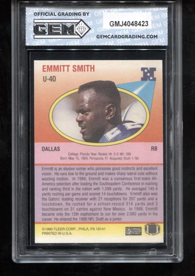 Emmitt Smith Rookie 1990 Fleer Update #U-40 RC Card Dallas Cowboys GEM MINT 10 - Image 2 of 2