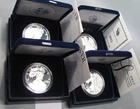 4 PROOF Silver American Eagles. Box/COA.  2017-W, 1999-P, 2011-W, 1998-P.  #109d