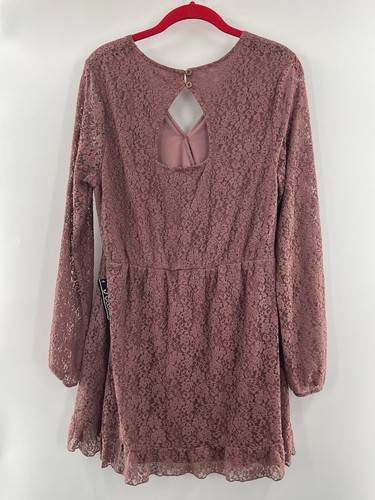 J For Justify Neu mit Etikett Spitzen-Overlay-Kleid dunkelbraun rosa Langarm kurz XL 075 - Bild 6 von 7
