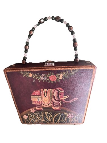 KMQ Collections Wood Upright Handbag Bead Handle Mirror Elephant Graphic Unique - Picture 1 of 3