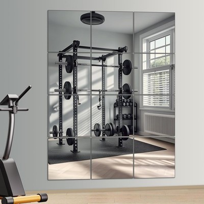 Home Gym Mirror, 12Pcs 12'' Square Wall Mirror Tiles, Frameless HD Glass Full ...