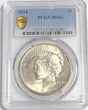1934 PEACE " PCGS GOLDSHIELD MS63"💰🔥LUSTER/QUALITY/ HI POINTS - HAIR/COLOR 💥✅