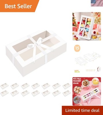 Elegant 15-Pack White Macaron Boxes for 12 with Clear Window and Ribbon