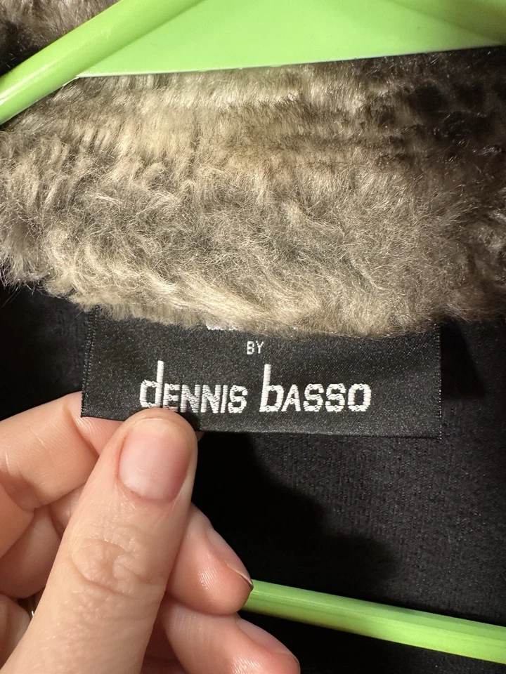 Dennis Basso 女式黑色羊毛长袍带棕褐色人造毛皮领全拉链 L 码 — 第 4/4 张图片