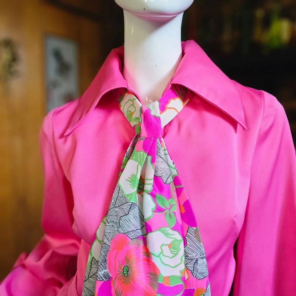 Vtg 70s Mod Pink Palazzo Pants Blouse 3 pc Pantsuit Bespoke Hostess Gown XXS/XS - Image 3 of 4