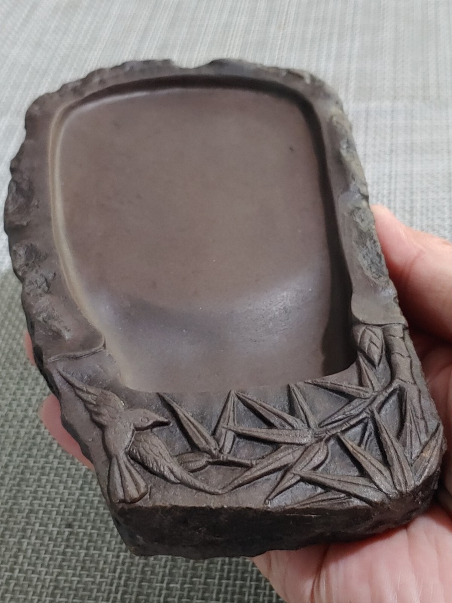 端溪端砚宋坑猪肝紫雀竹Chinese Duanyan Duan Inkstone Sculpture