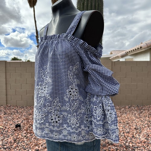Blusa Joa Azul Bordada Guinga Cuadros Hombro Frío Talla XS Nueva con Etiquetas - Imagen 6 de 8