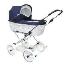 EICHHORN Korbkinderwagen - Retro Chrom / Stoff Marineblau - Korbfarbe wählbar