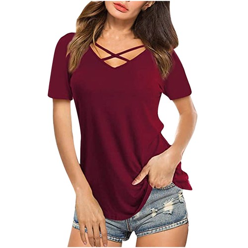Women Summer Tops V Neck Criss Cross Short Sleeve Basic Plain Tee T-Shirt Blouse - Picture 14 of 75