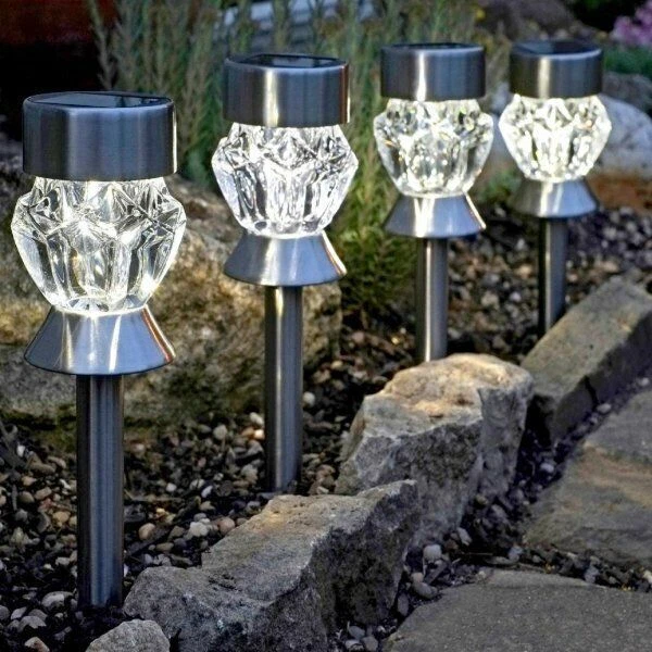4x Solar LED Diamond Stake Lights Set Modern White Garden Outdoor