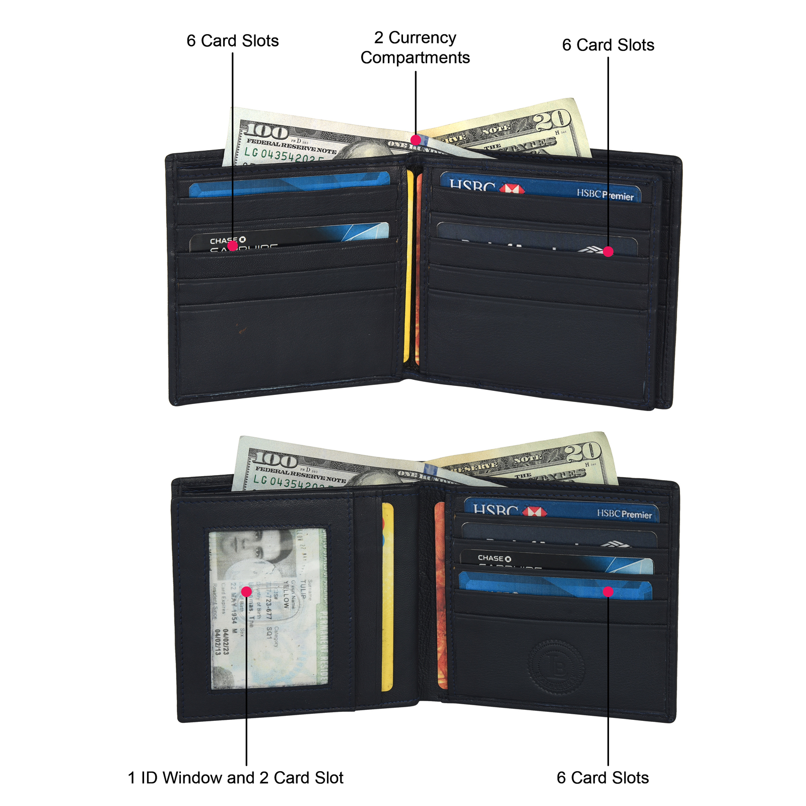 Leatherboss Genuine Leather Men Hipster RFID Protected Bifold Wallet ,Black