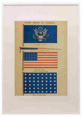 Flaggenzeichnungen der heute gebrauchten Flaggen 1916 Amerika A3 A4 gerahmt