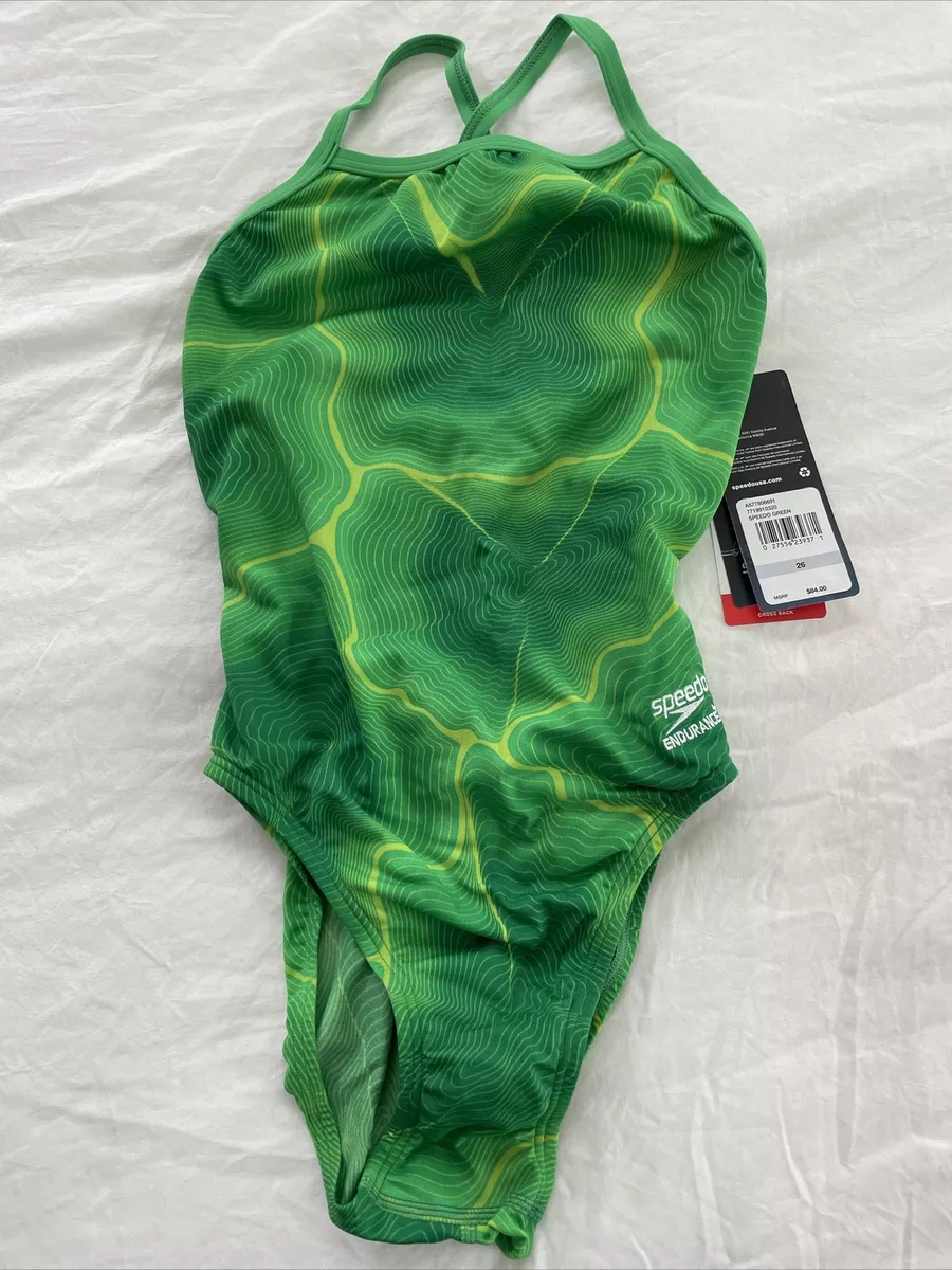 Speedo Endurance Static Boom Cross Back Green One Piece Swimsuit Sz 26 NWT 84