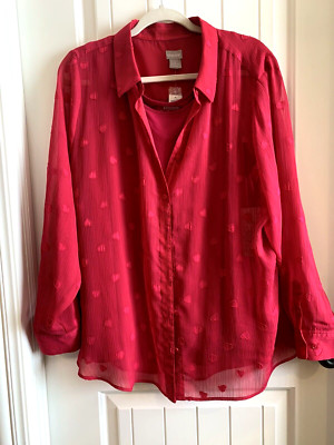 CHICOS Hearts/Valentine, Semi-Sheer LS Blouse W/Matching Camisole, Fuschia, XXL