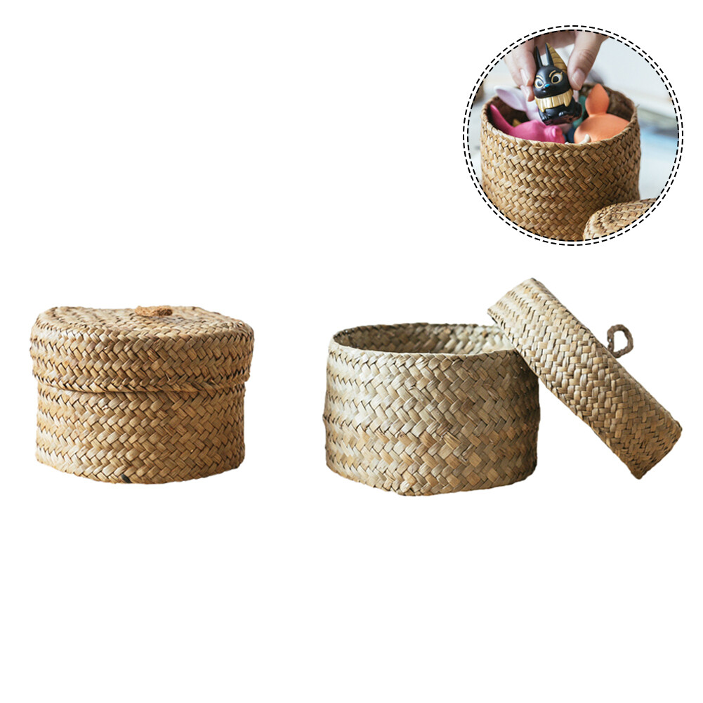 Seagrass Storage Basket Cylinder Woven Shelf Dust-proof Snacks Toys Organizer