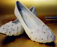 su.cheny Flats wedge heels white lace pearls rhinestone Wedding Bridal shoes5-13