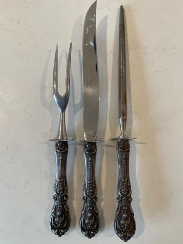 REED & BARTON STERLING SILVER HANDLED 3PC CARVING SET FRANCIS I 12&15"