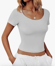 Women's Scoop Neck Short Sleeve Slim Fit Double Lined Tops Large Basic T