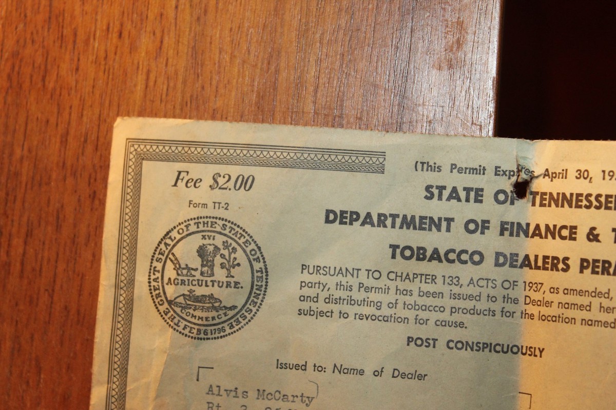 Vintage 1953 State of Tennessee Tobacco License Alvis McCarty LaFollette