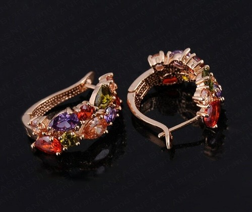 Boucles D'oreilles Pendantes En Cristal, Zircon, Améthyste Et Tourmaline - Monture Plaqué Or Rose 18K, Neuf