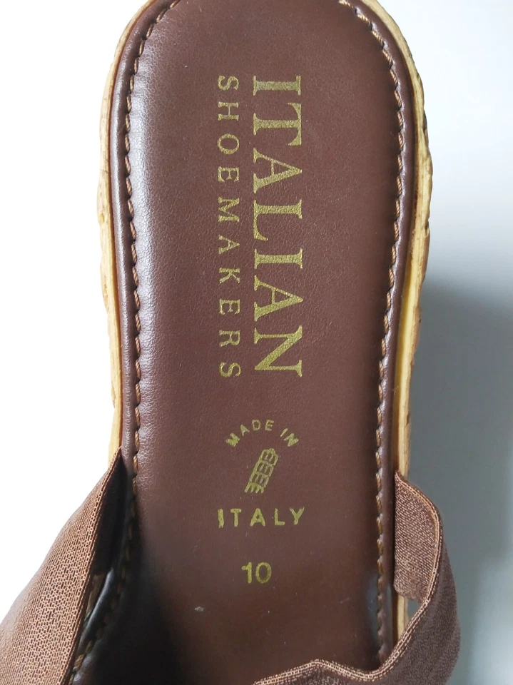 Italian Shoemakers SZ 10 Sandals Brown Slide Wedges Fabric Faux Cork Casual Chic - Image 3 of 4
