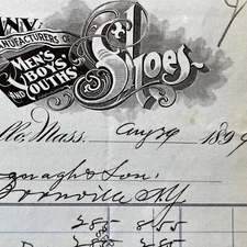 Antiqu eBlue billhead receipt Campello Mass 29 Aug 1899 Shoes SL2