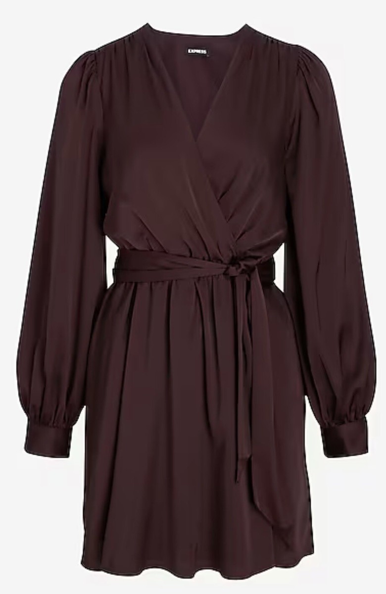 Express Satin Long Sleeve Tie Waist Mini Dress Brown Size Medium | eBay