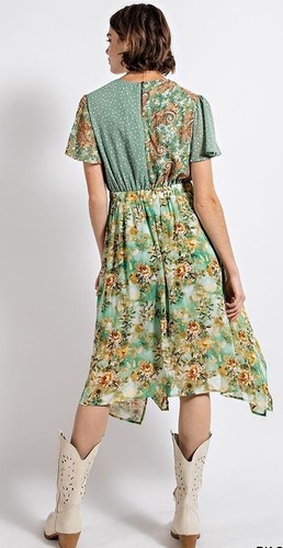New GIGIO Size S M L Green Floral Dot Print Twist Waist Asymmetrical Dress - Picture 14 of 20